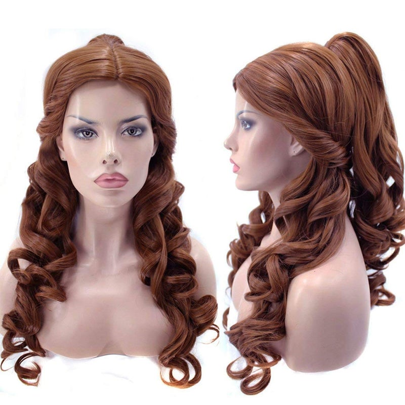 Anogol Hair Cap+Women Ponytail Wigs Curly Auburn Brown Cosplay Costume Wig for Halloween Costume Cosplay Wig  Curly Brown Wig Peluca De Princesa Brown Ponytail Wig For Halloween Party - Image 1